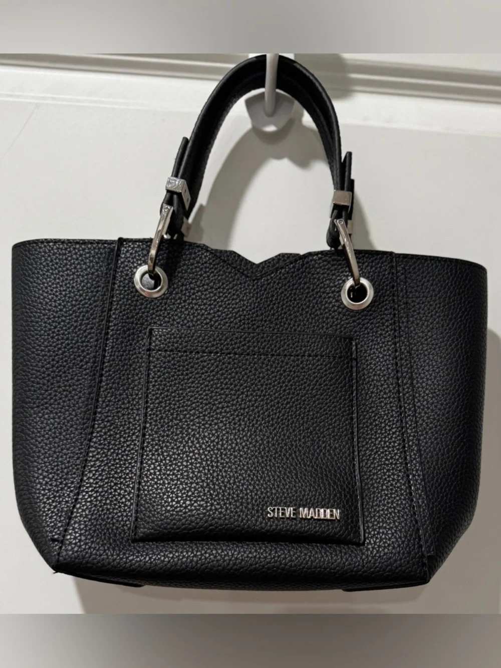 Steve Madden Black Pebbled Tote Bag NWOT Structured Silver Hardware - Picture 2 of 11